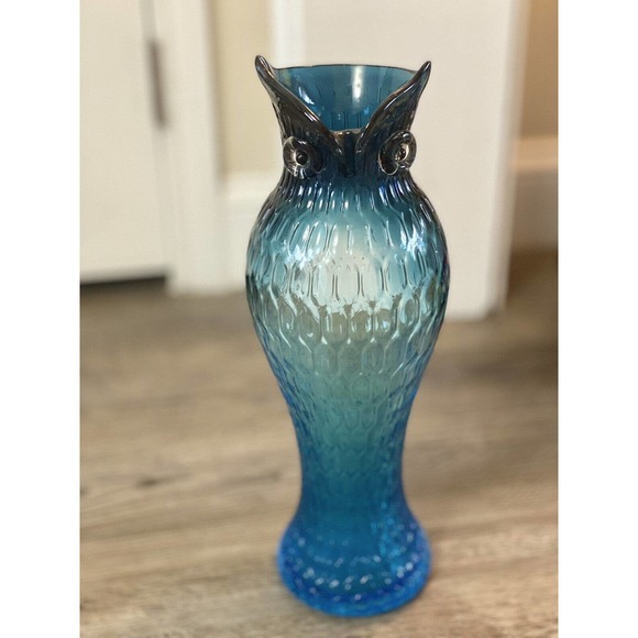 Murano Accents Vintage Murano Art Glass Owl Vase Blue Mcm